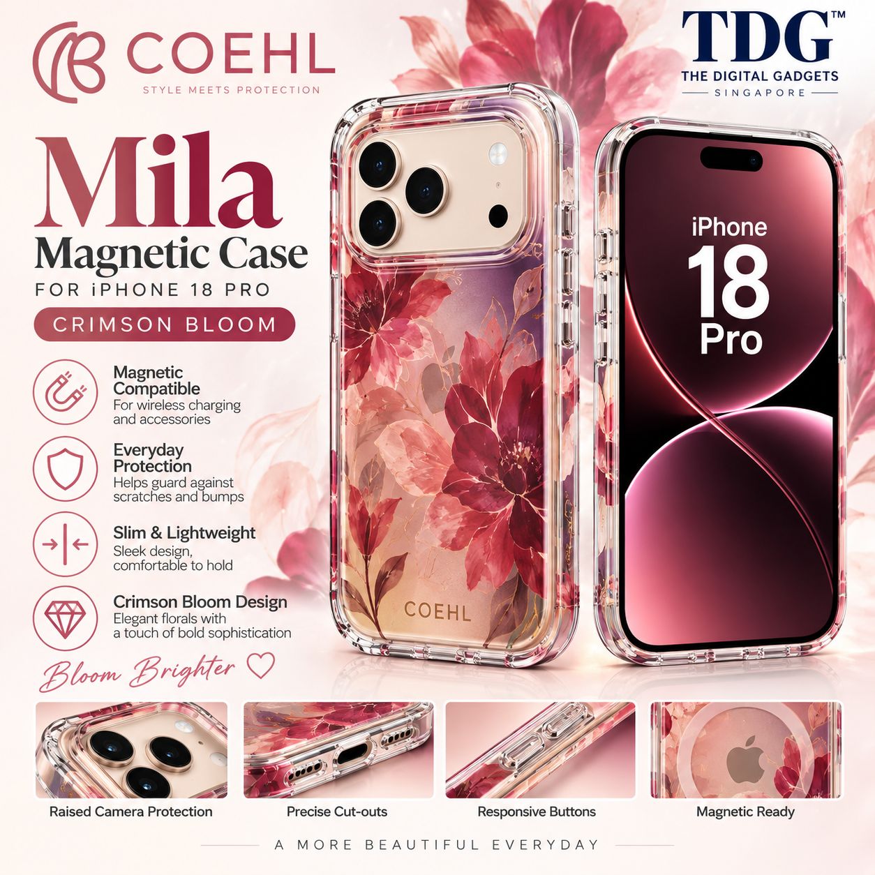 Coehl iPhone 18 Pro Mila Magnetic Case, Crimson Bloom -New! - COEHL Phone Case Singapore