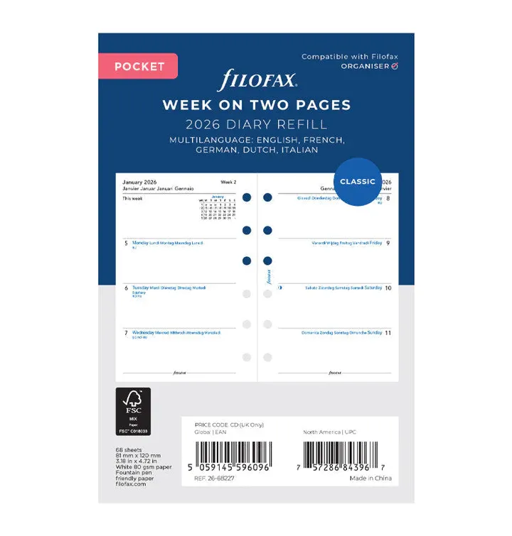 Filofax Agenda vulling Pocket 7 dagen  2026