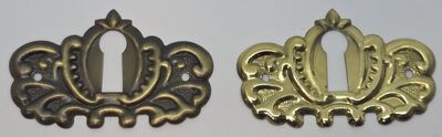 Solid Stamped Brass KEYHOLE COVER Plate Polished Antique Finish American Oak Victorian Colonial Revival Hepplewhite Sheraton vintage retro fancy mid century modern rustic drawer desk cabinet key