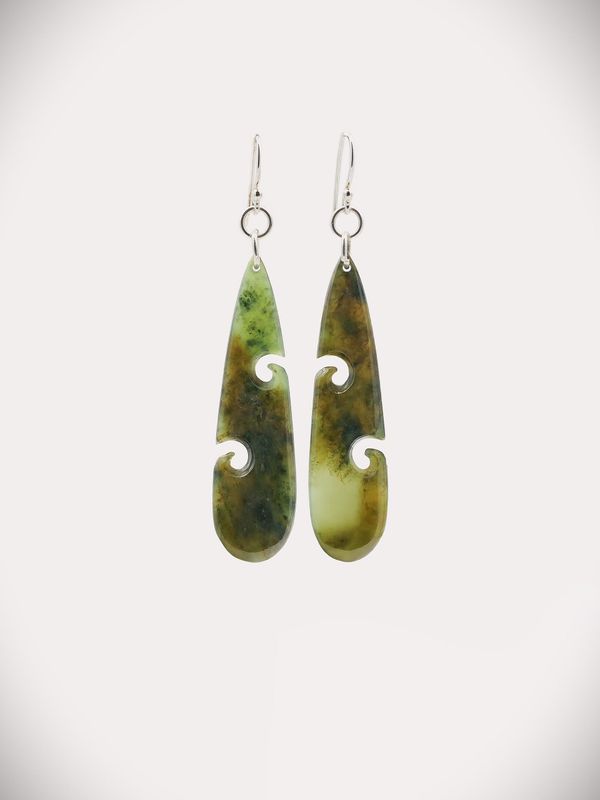 Moko Pounamu NZ Genuine Totoweka Greenstone Sterling Silver Earrings - Rarotoka