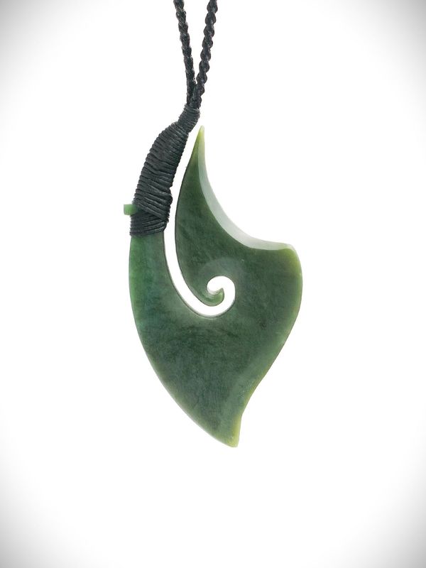 Moko Pounamu Hei Matau (Hook) NZ Genuine Kawakawa Greenstone - Kaimarama