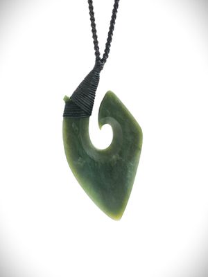 Moko Pounamu Hei Matau (Hook) NZ Genuine Kawakawa Greenstone - Whitianga Moko Pounamu Hei Matau (Hook) NZ Genuine Kawakawa Greenstone - Whitianga