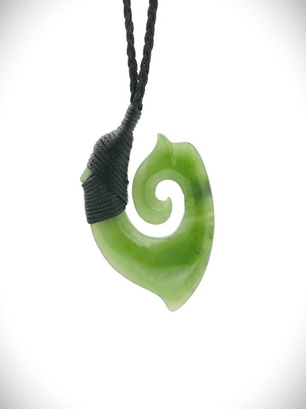 Moko Pounamu Hei Matau (Hook) NZ Genuine Kahurangi Greenstone - Muhunoa