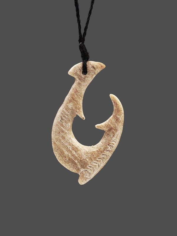Moko Pounamu Hei Matau (Hook) Whale Bone Carving - Waikiteroa