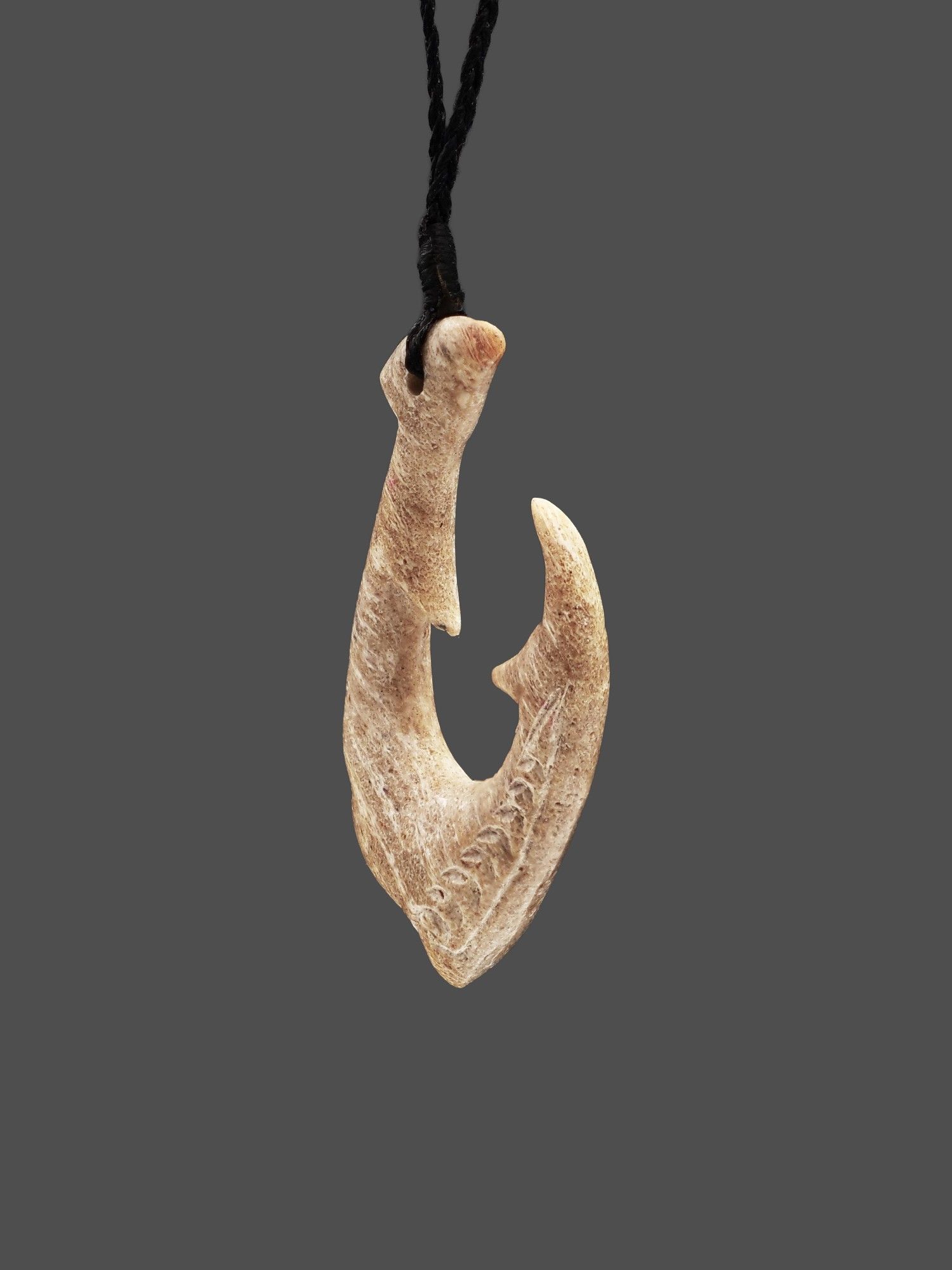 Moko Pounamu Hei Matau (Hook) Whale Bone Carving - Waikiteroa