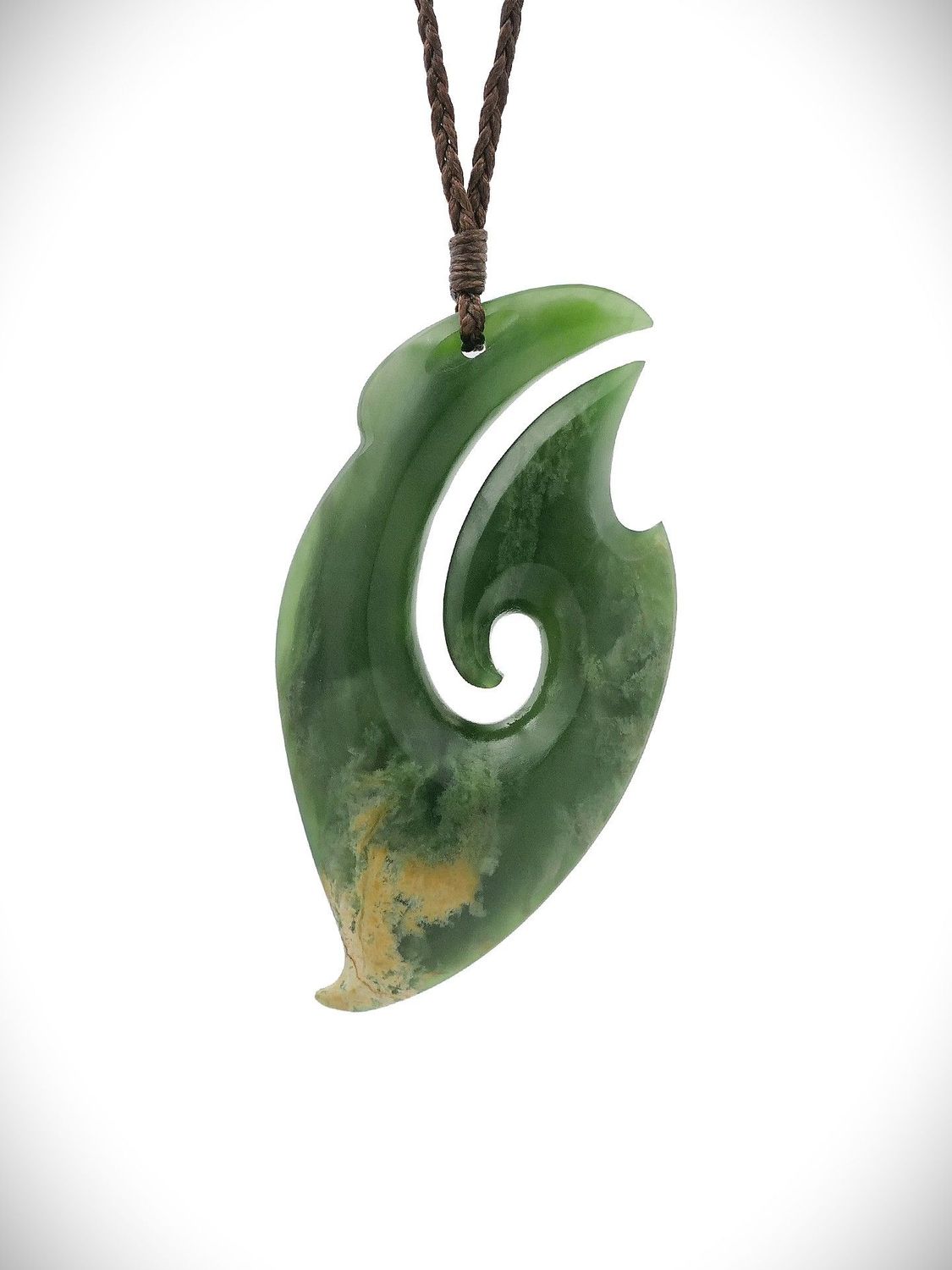 Moko Pounamu Hei Matau (Hook) NZ Genuine Kahurangi Flower Greenstone - Mahinepua