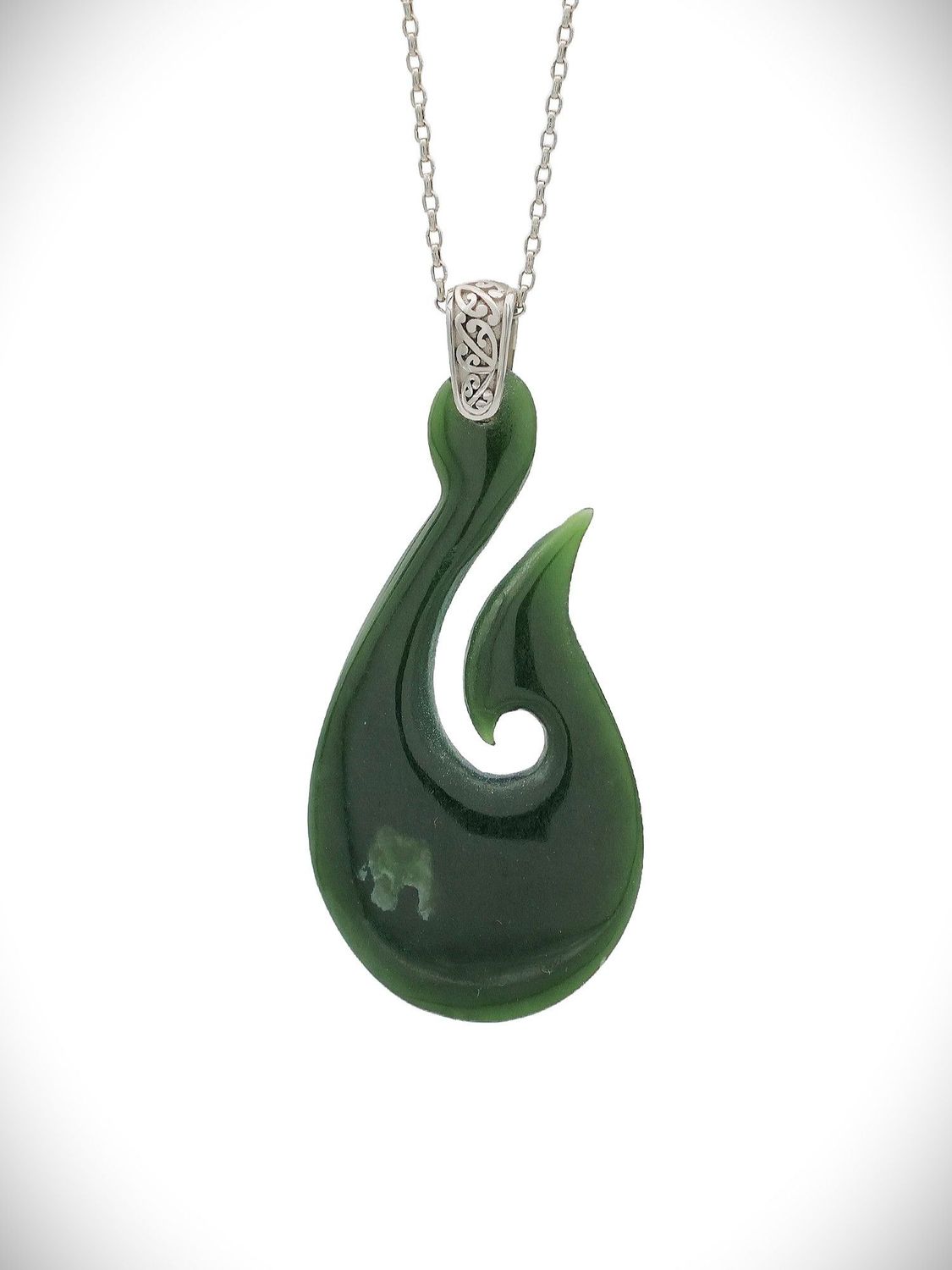 Moko Pounamu Hei Matau Genuine NZ Kawakawa Greenstone & Sterling Silver - Motutangi Moko Pounamu Hei Matau Genuine NZ Kawakawa Greenstone & Sterling Silver - Motutangi