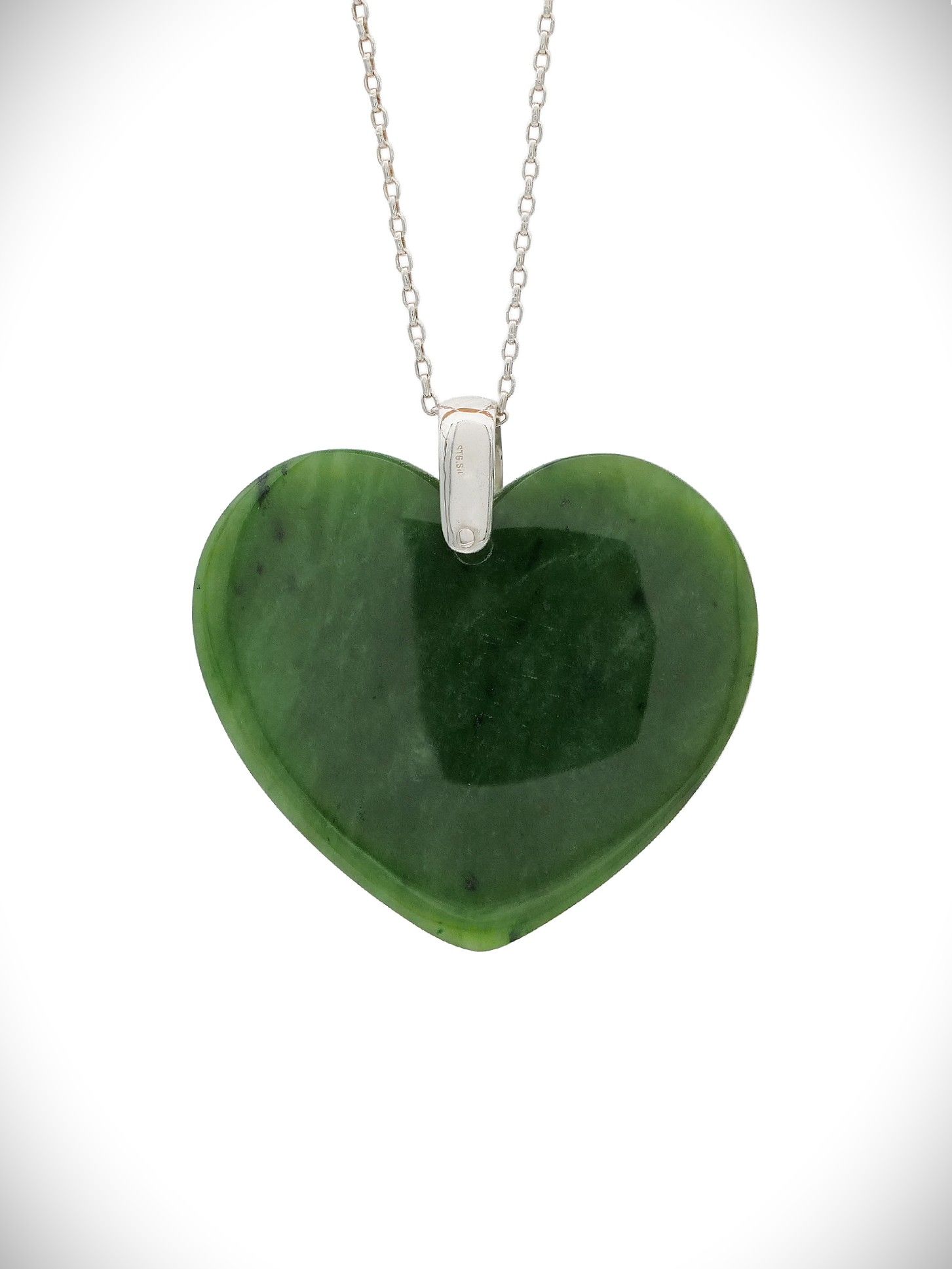 Moko Pounamu Heart NZ Genuine Kahurangi Greenstone & Sterling Silver - Matipo