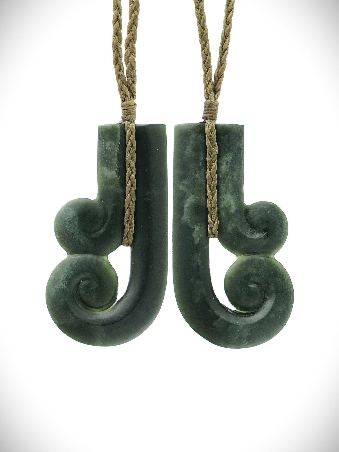 Moko Pounamu Twin Double Koru's NZ Genuine Kawakawa Greenstone - Mangamahu Moko Pounamu Twin Double Koru's NZ Genuine Kawakawa Greenstone - Mangamahu