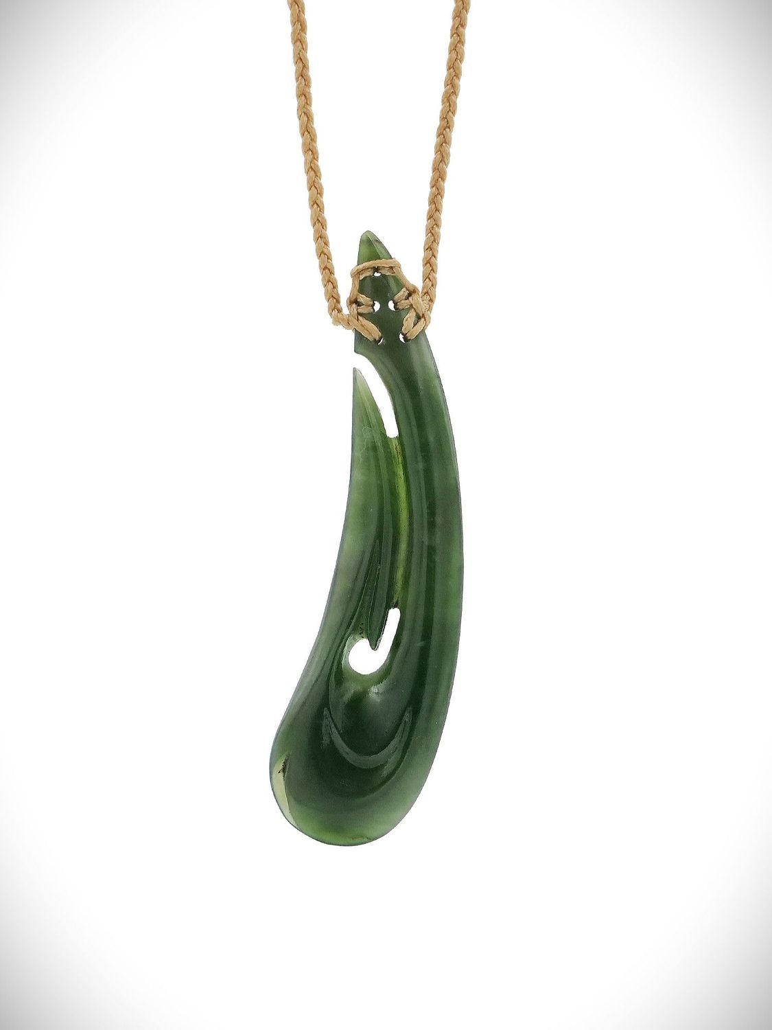 Moko Pounamu Hei Matau (Hook) NZ Genuine Kawakawa Greenstone - Maungakaramea