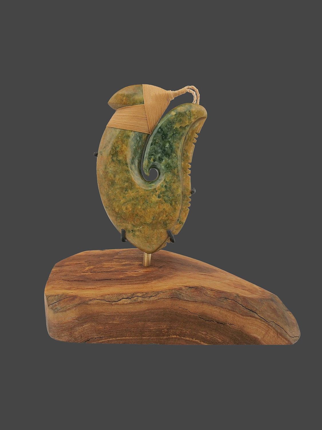 Moko Pounamu Hei Matau (Fishhook) Sculpture NZ Genuine Raukaraka Greenstone - Karekare