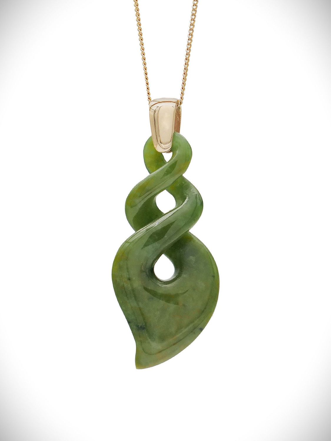 Moko Pounamu Double Pikorua (Twist) Genuine NZ Raukaraka Greenstone & 9ct Gold - Waipipi Moko Pounamu Double Pikorua (Twist) Genuine NZ Raukaraka Greenstone & 9ct Gold - Waipipi