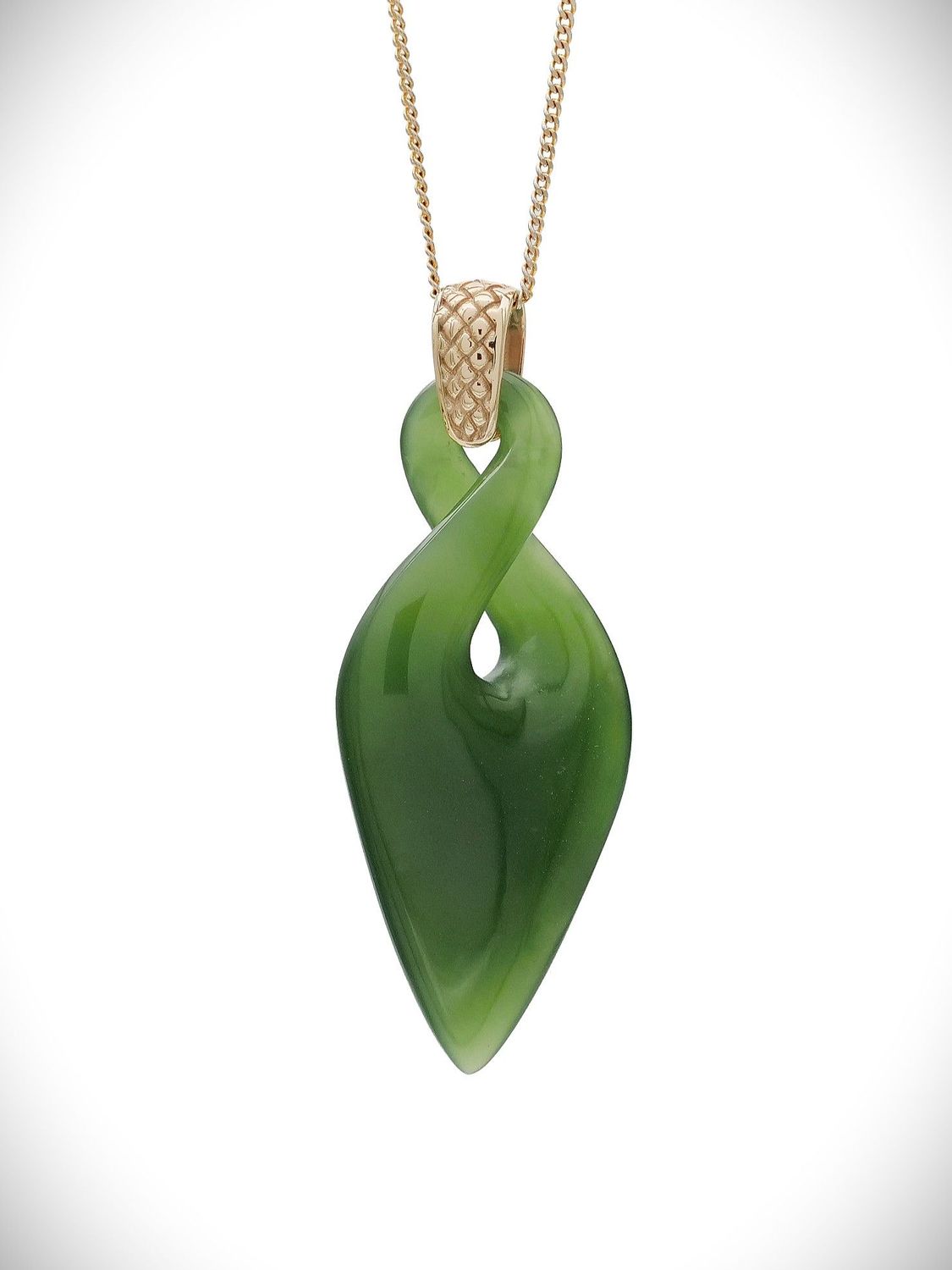 Moko Pounamu Single Pikorua (Twist) Genuine NZ Kahurangi Greenstone & 9ct Gold Pendant - Riponui