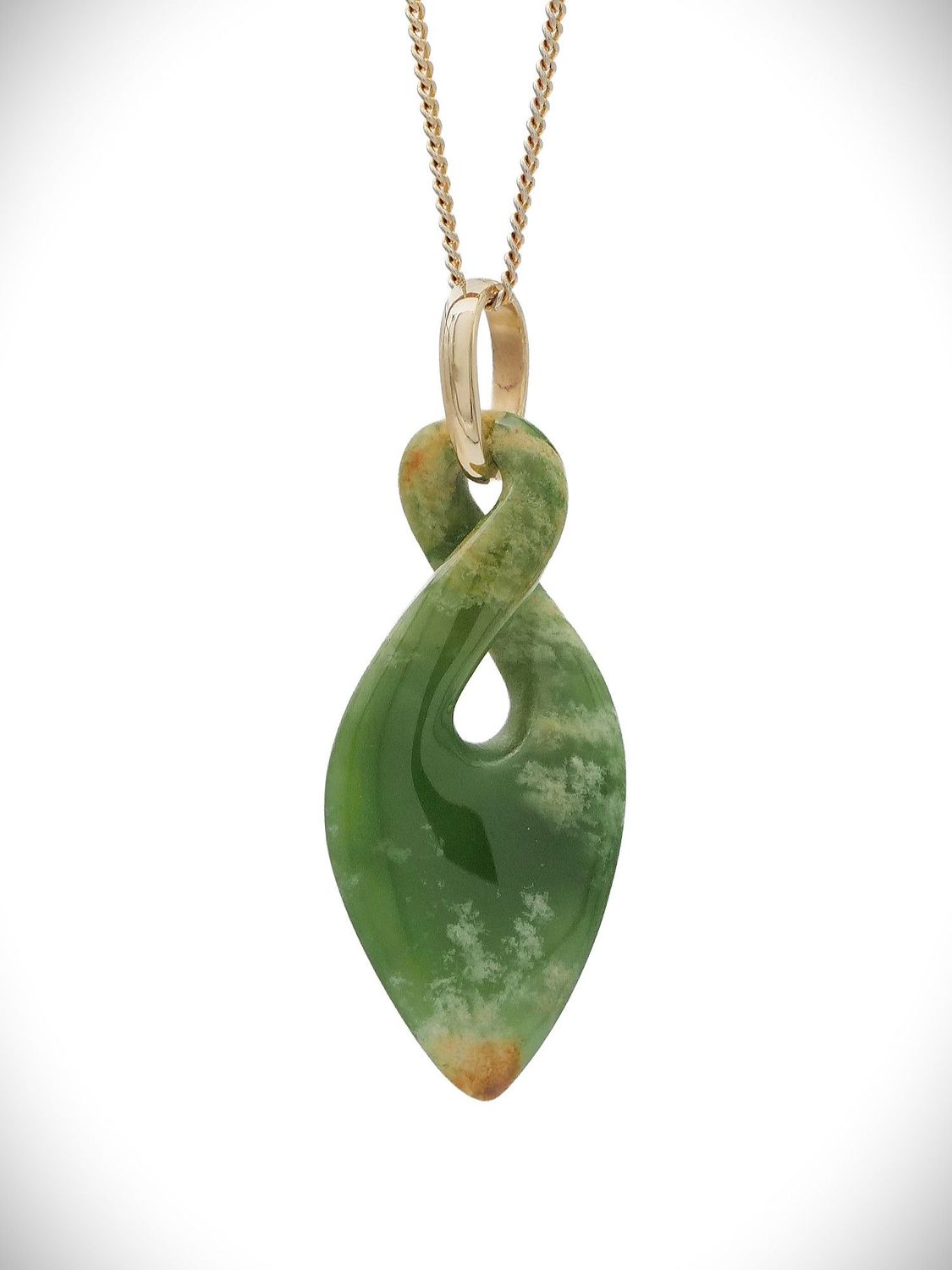 Moko Pounamu Pikorua (Twist) NZ Genuine Kahurangi Flower and 9ct Gold - Matamata Moko Pounamu Pikorua (Twist) NZ Genuine Kahurangi Flower and 9ct Gold - Matamata