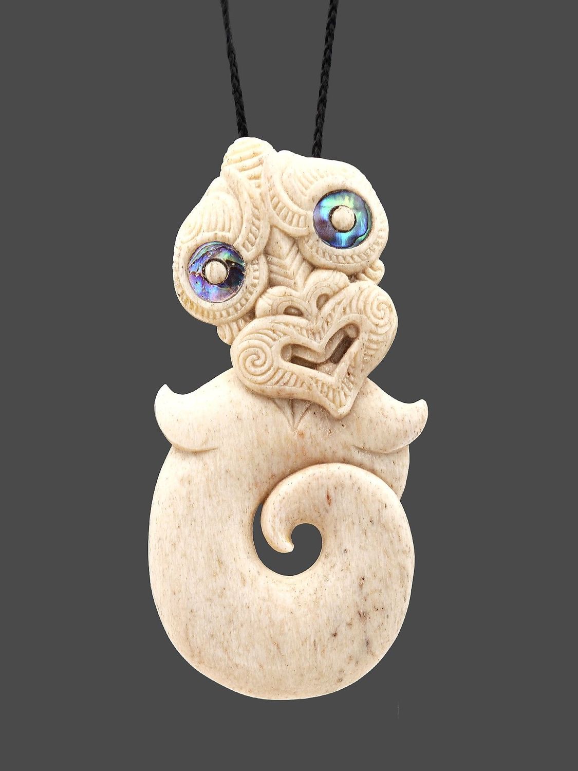 Moko Pounamu Hei Tiki Genuine Whale Bone - Tuahine Moko Pounamu Hei Tiki Genuine Whale Bone - Tuahine