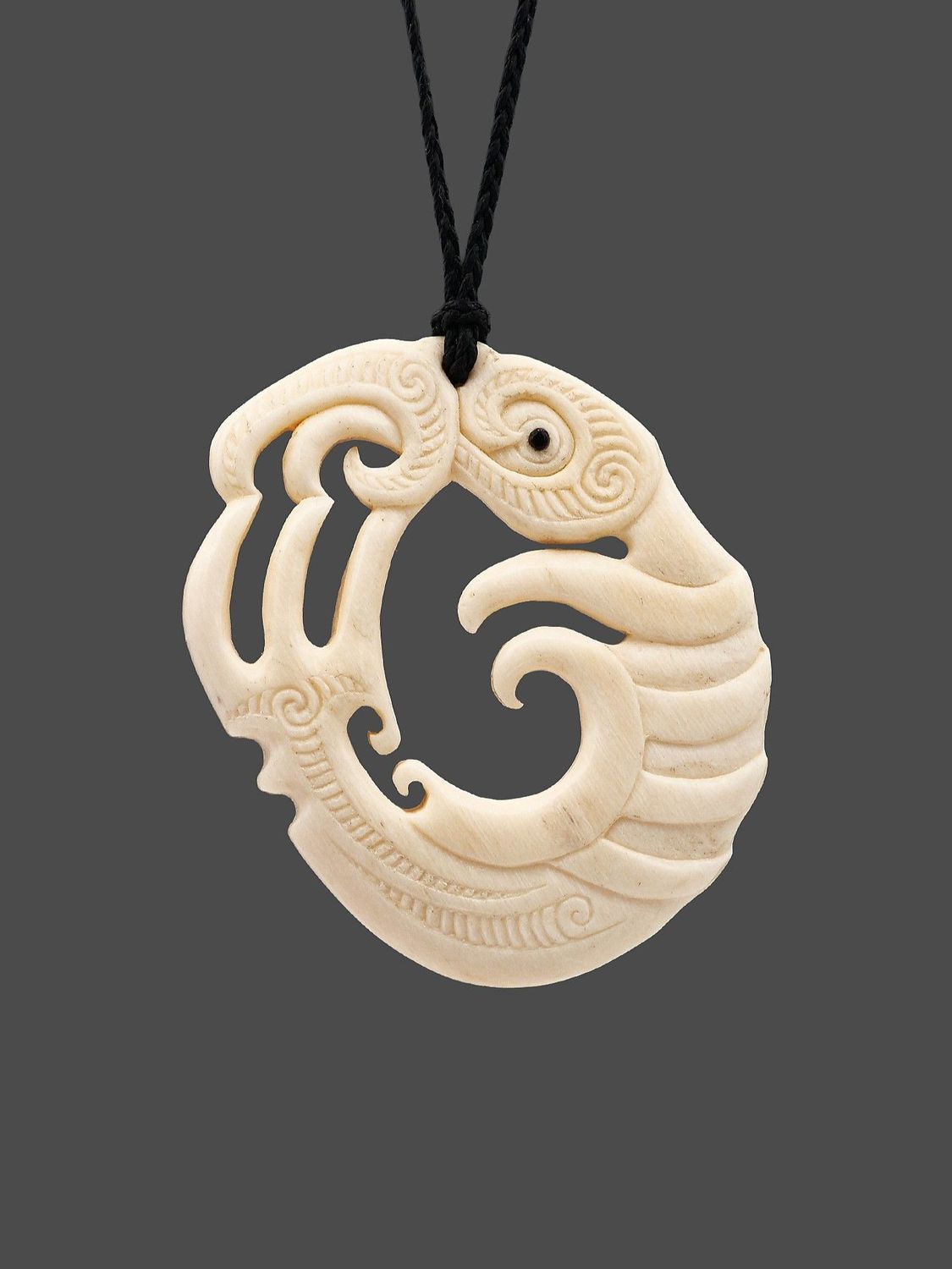 Moko Pounamu Koropepe Manaia Genuine Whale Bone Carving - Okuku Moko Pounamu Koropepe Manaia Genuine Whale Bone Carving - Okuku