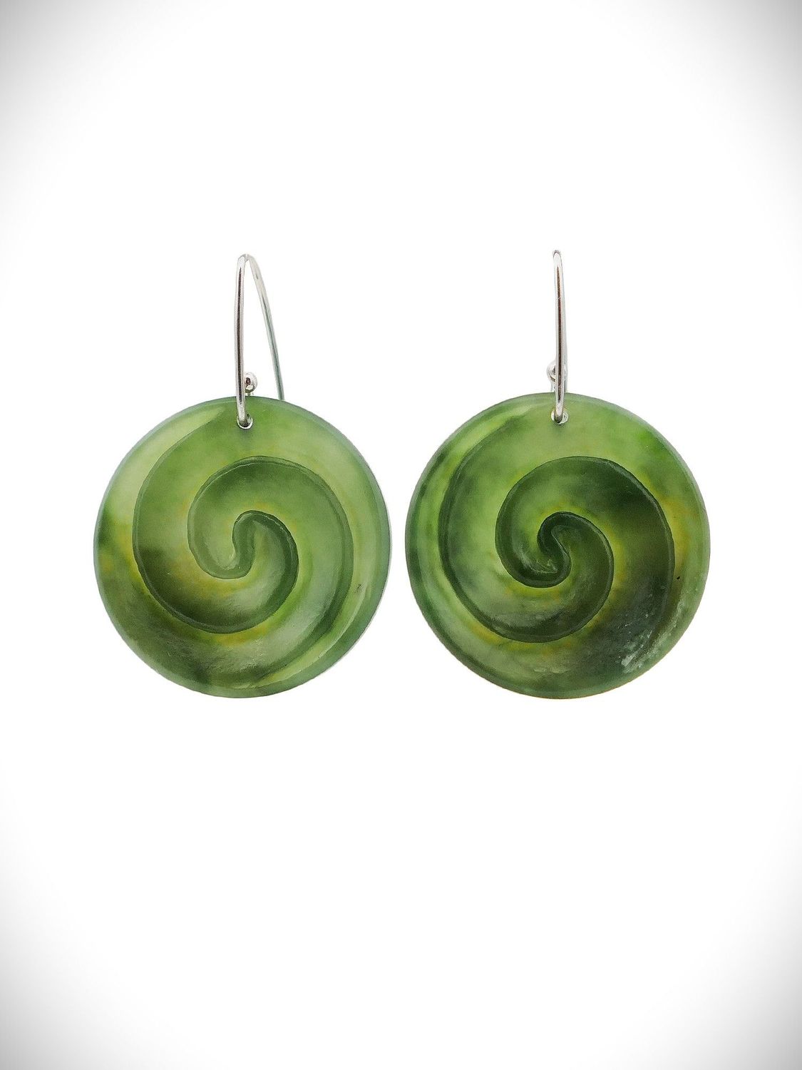 Moko Pounamu Koru NZ Kawakawa Greenstone & Sterling Silver Earrings - Otamatakou Moko Pounamu Koru NZ Kawakawa Greenstone & Sterling Silver Earrings - Otamatakou