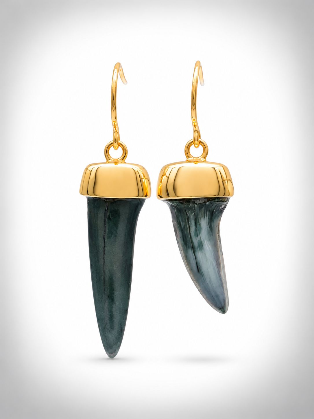 Moko Pounamu Genuine Fossilised Mako Sharks Tooth & 9ct Gold Drop Earrings - Marokopa Moko Pounamu Genuine Fossilised Mako Sharks Tooth & 9ct Gold Drop Earrings - Marokopa