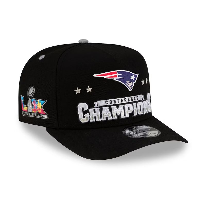 New England Patriots Men’s Black New Era 2025 AFC Champions Locker Room Trophy Collection A-Frame 9FIFTY Snapback Hat