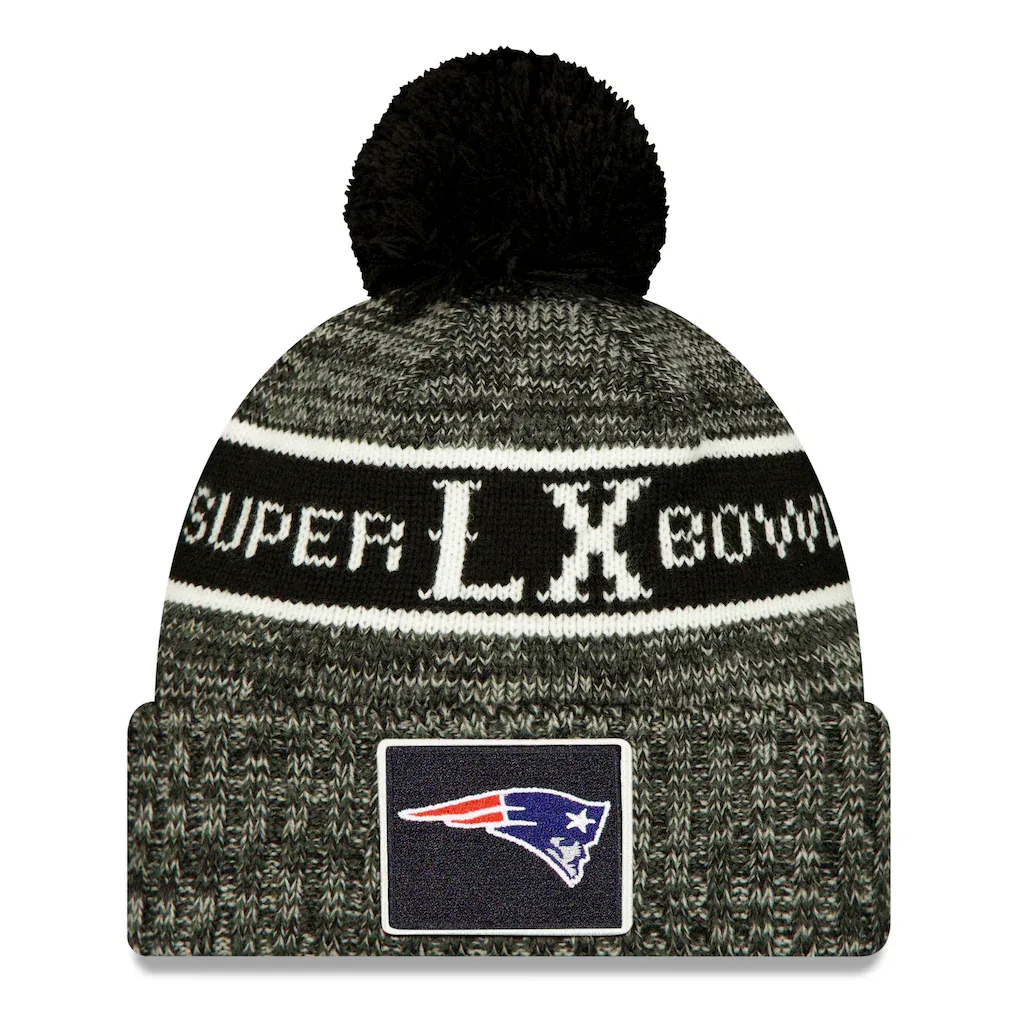 New England Patriots Men's Black Super Bowl LX Cuffed Knit Pom Hat