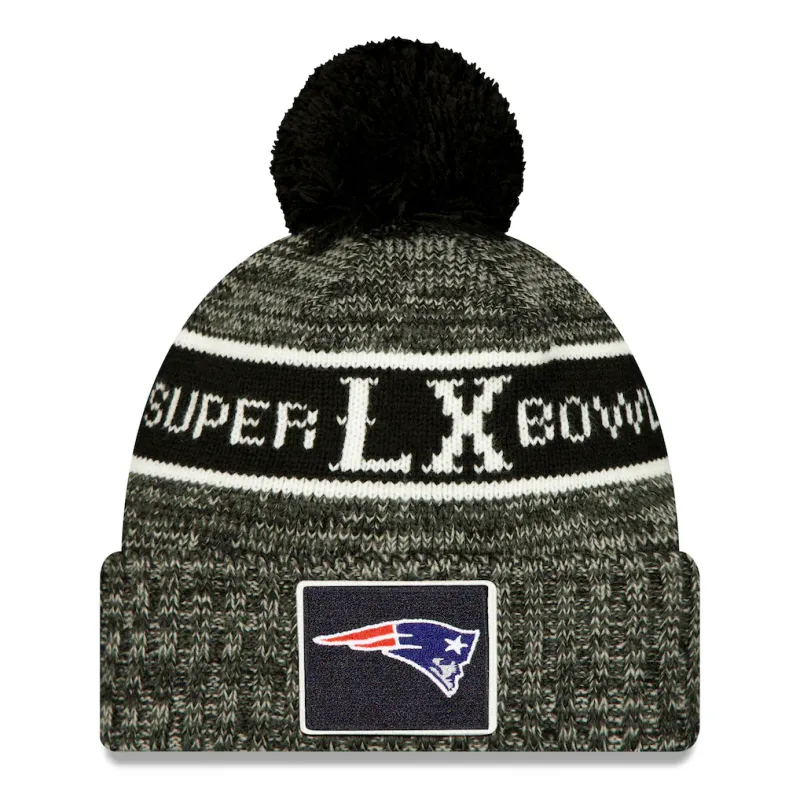 New England Patriots Men's Black Super Bowl LX Cuffed Knit Pom Hat
