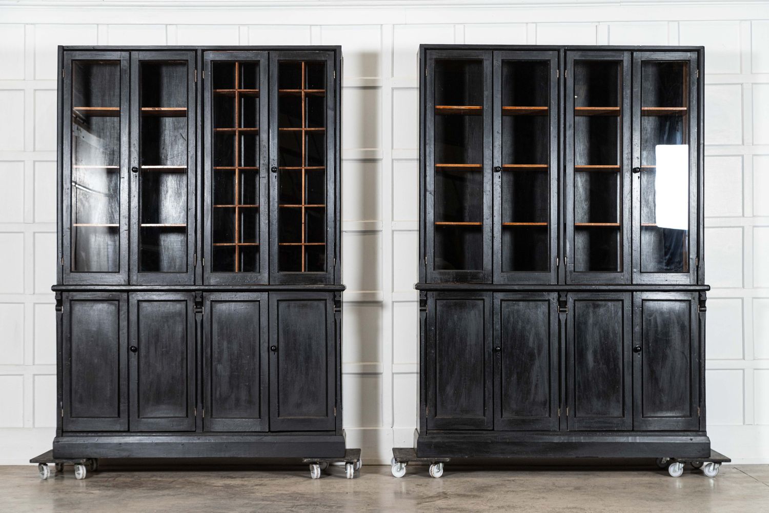 Pair 19thC English Ebonised Pine Glazed Housekeepers Cupboards