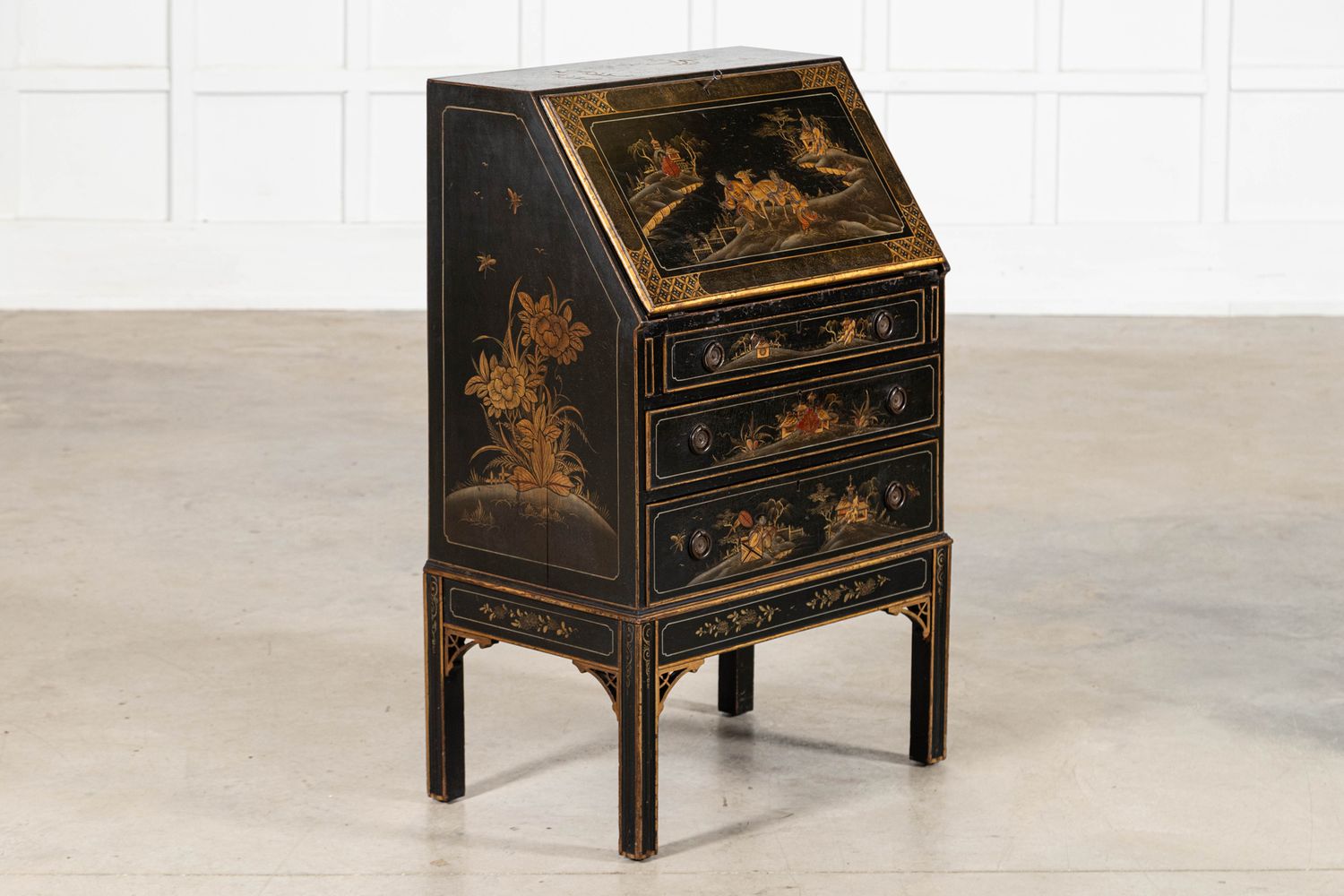 English 19thC Mahogany Chinoiserie Bureau Writing Desk