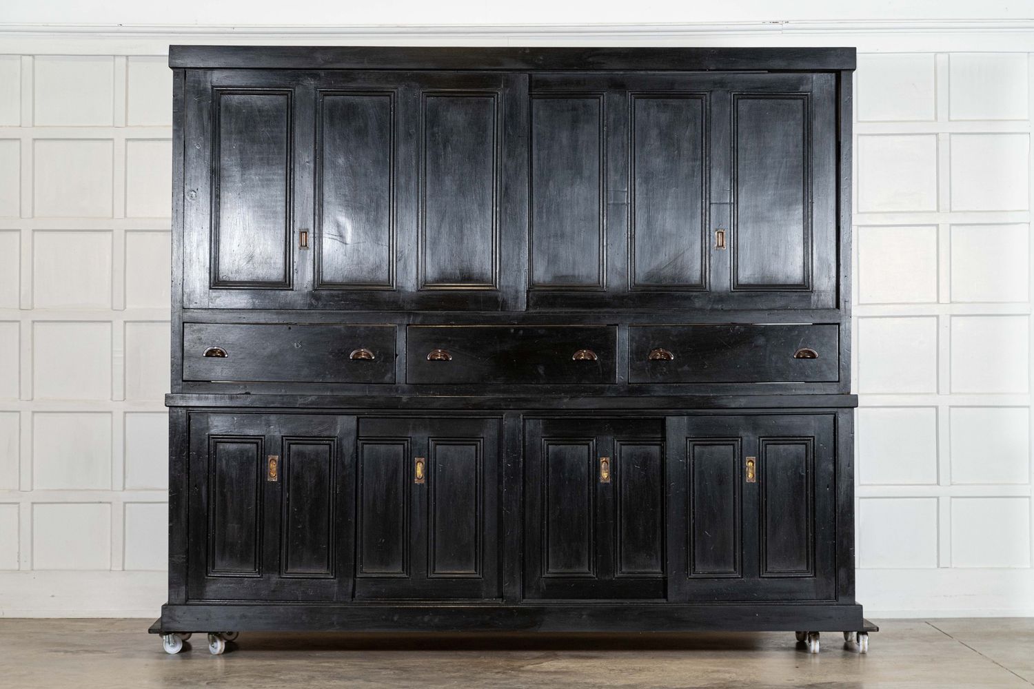 Monumental English 19thC  Ebonised Pine Housekeepers Cupboard