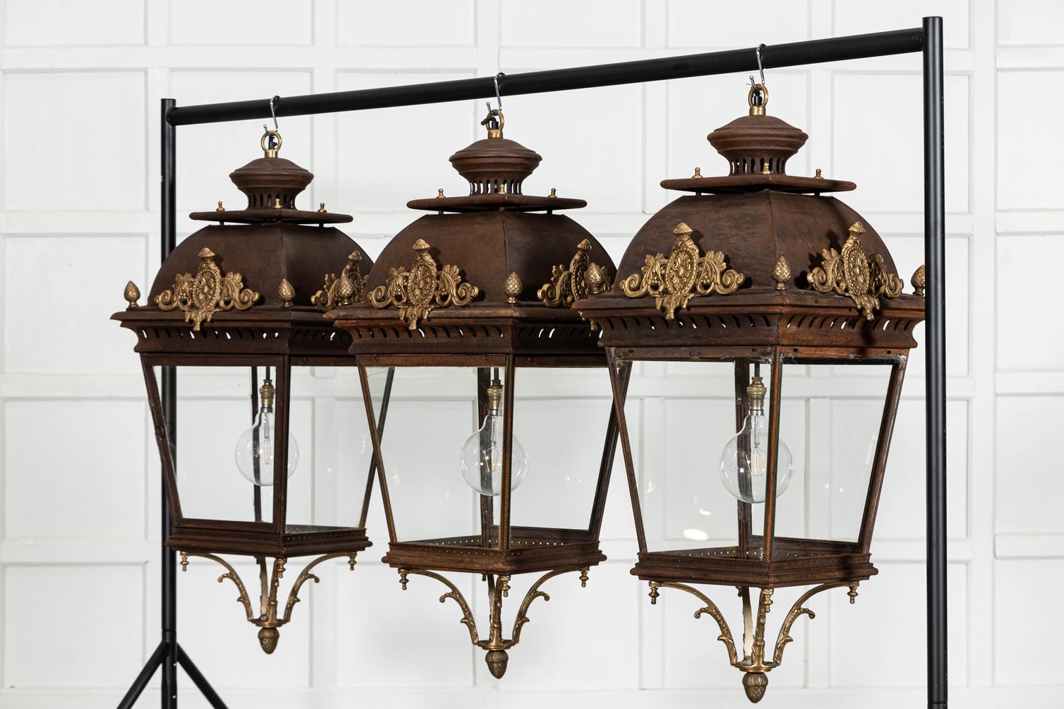 1282B Large French 19thC Style Bronze & Iron Lanterns