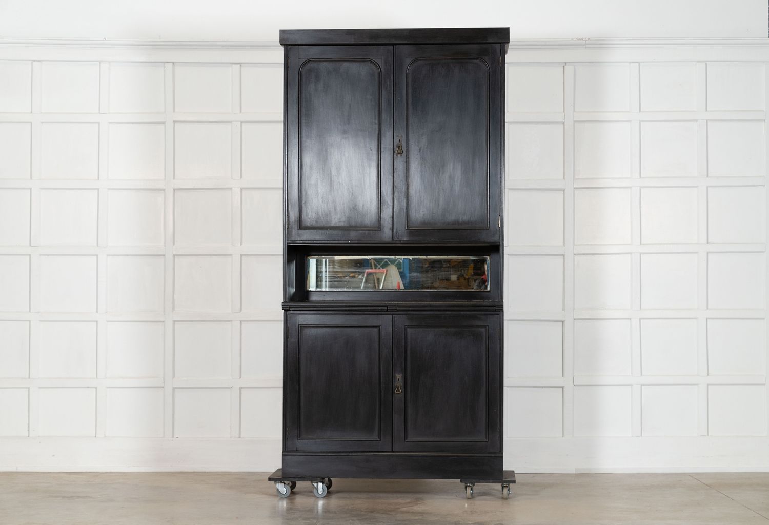 Large 19thC English Ebonised Mirrored Mahogany Cabinet