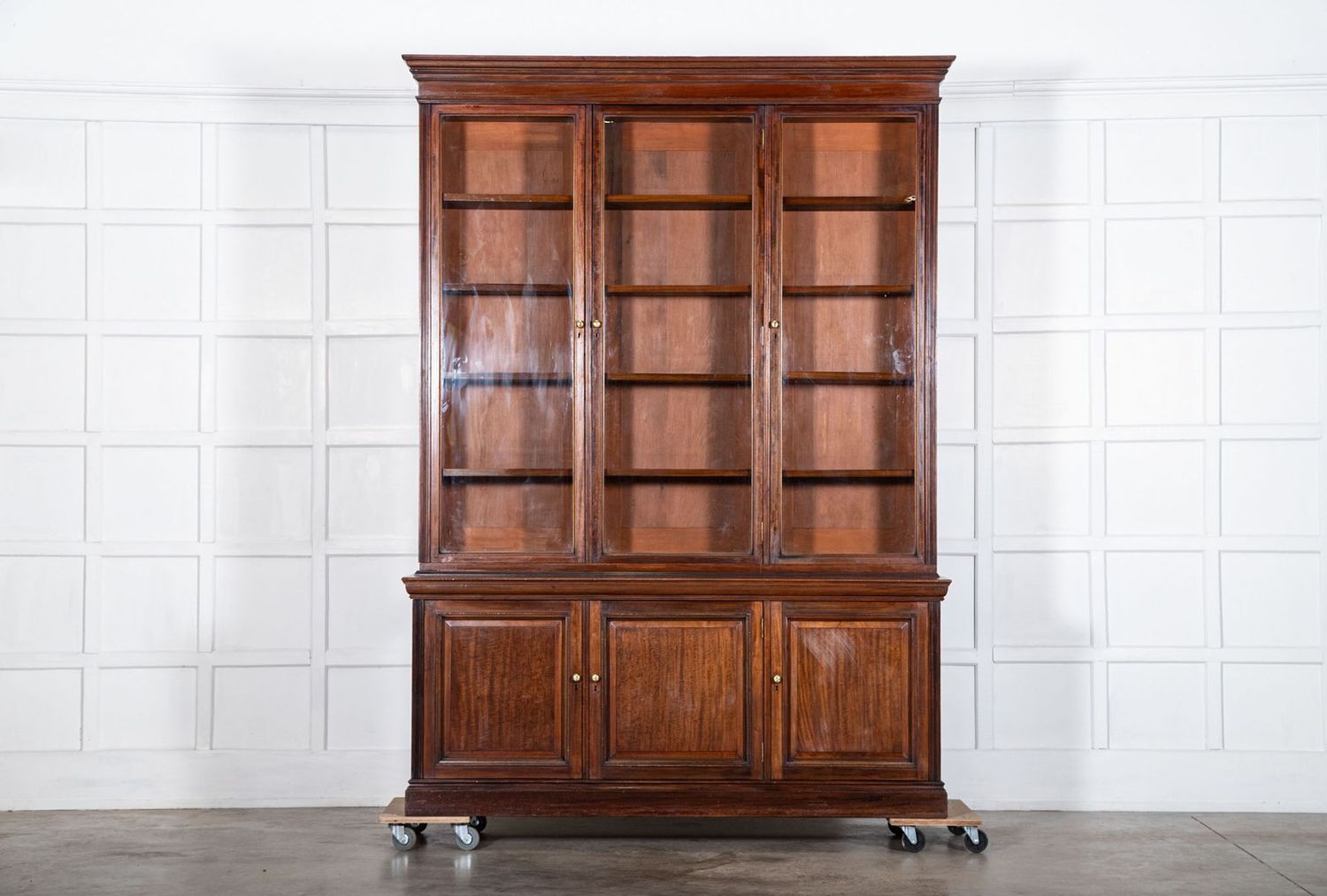 Monumental English 19thC Mahogany Triple Glazed Library Bookcase