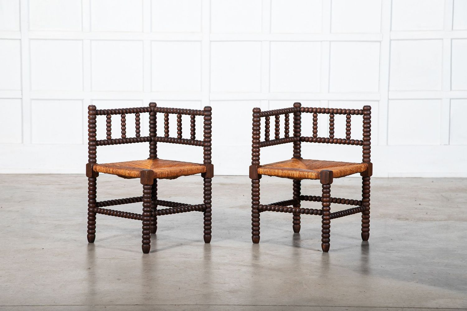 Pair 19thC English Beech Bobbin Corner Chairs Pair 19thC English Beech Bobbin Corner Chairs