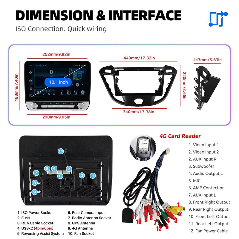 Ford Transit Custom 2013-2017 10" CarPlay Android Auto Multimedia Kit