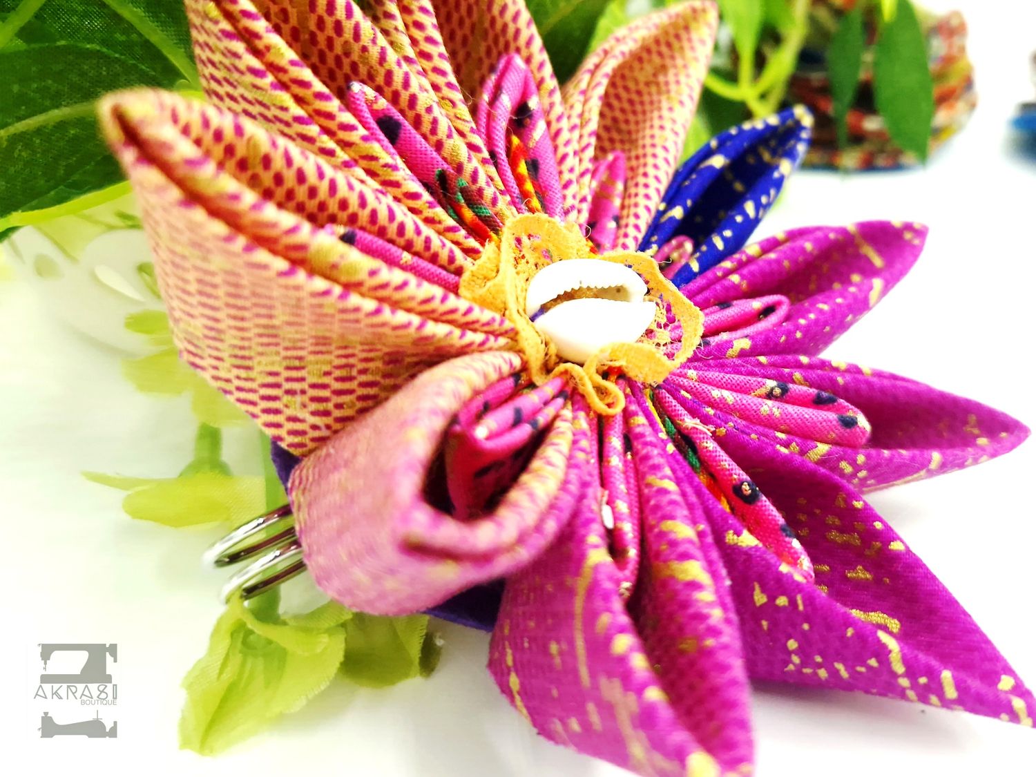Star flower in kente and gold with cowrie centre | kanzashi flower hair clip | flower brooch | clothing accessories Star flower in kente and gold with cowrie centre | kanzashi flower hair clip | flower brooch | clothing accessories