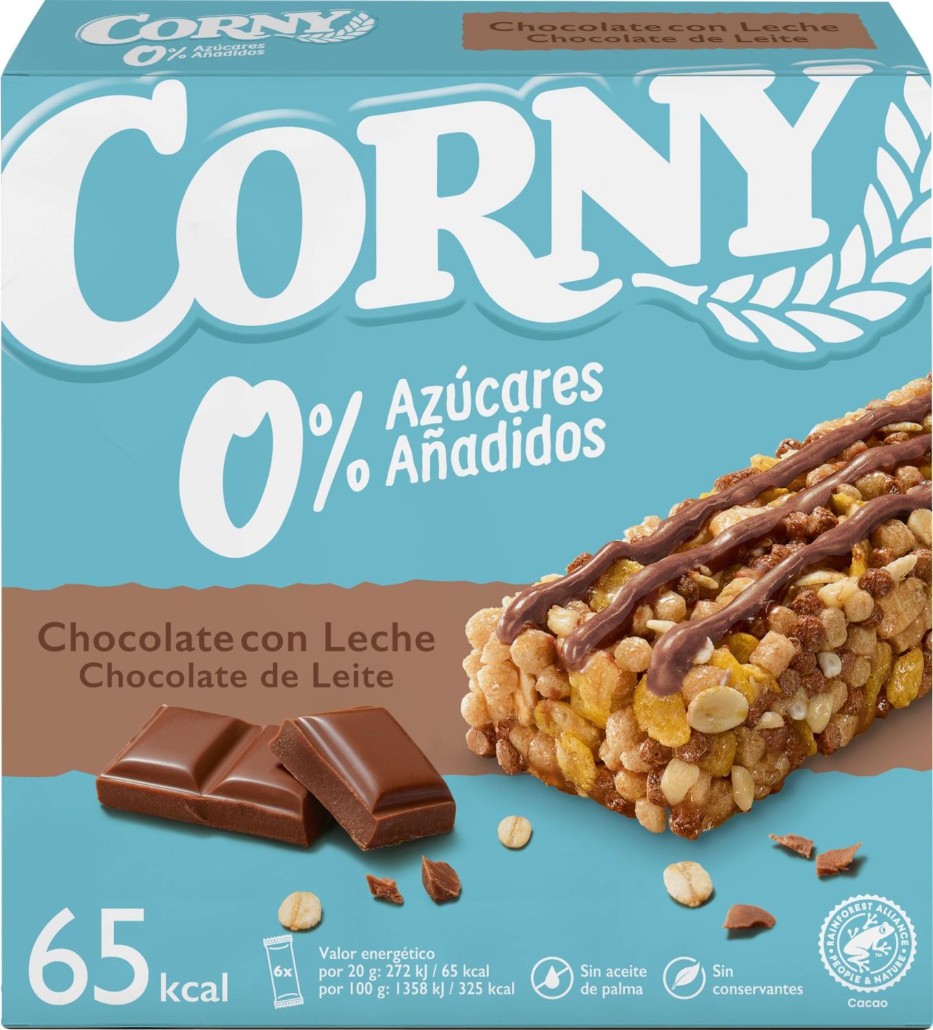 Barritas de chocolate con leche 0% azúcares añadidos CORNY 120 g.