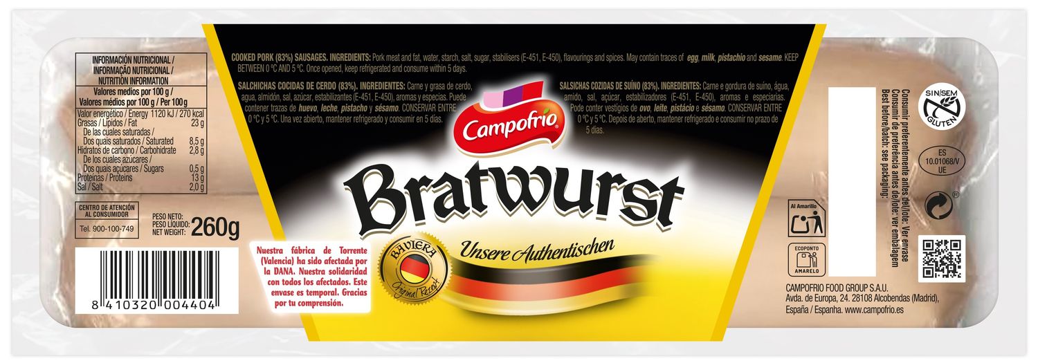 Salchichas Bratwurst CAMPOFRÍO 260 g.