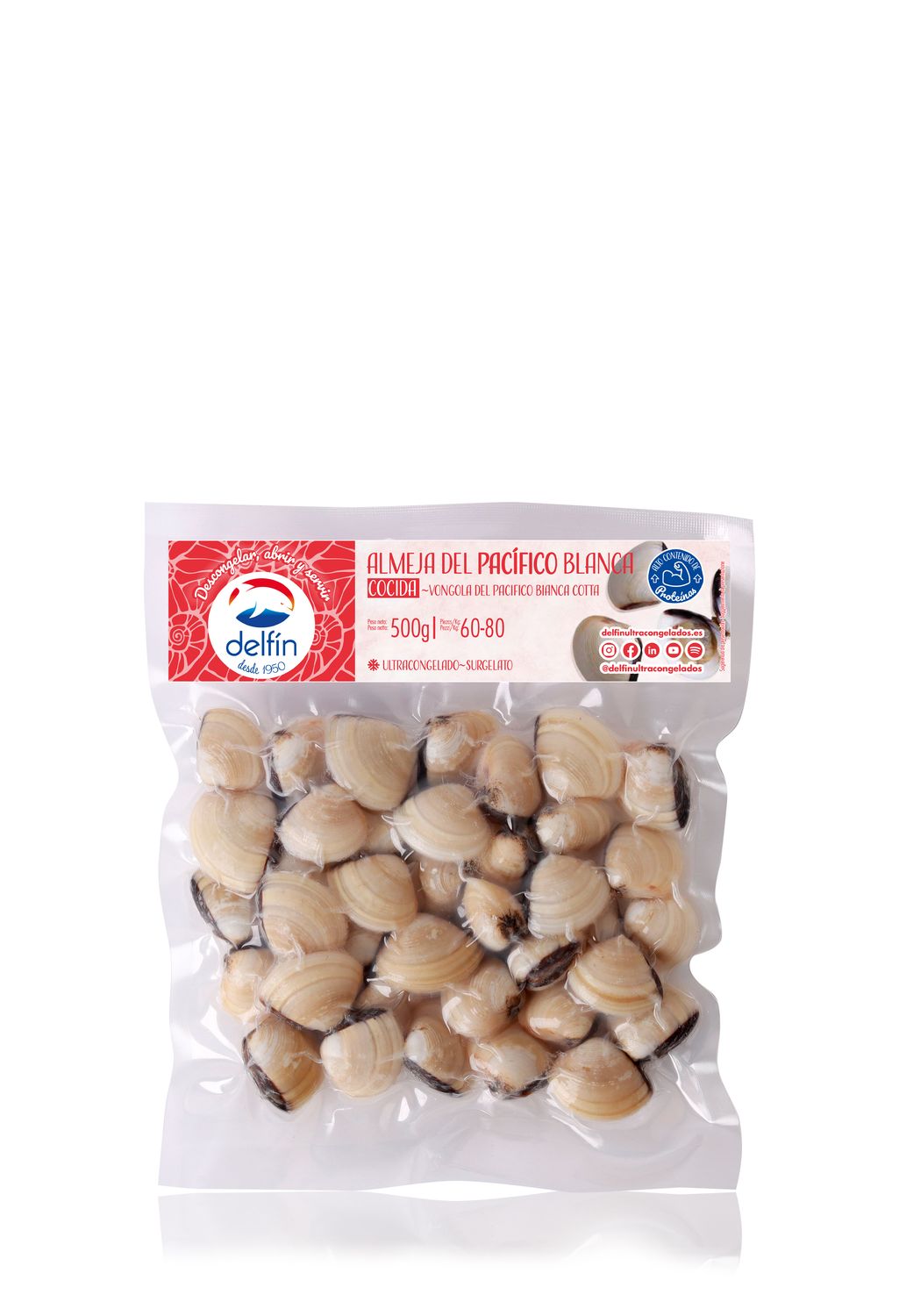 Almeja del pacífico blanca cocida ultracongelada DELFÍN 500 g.