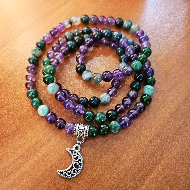 🌙 Lunar Whisper Prayer Beads Moss Agate – Amethyst – Moon Charm
