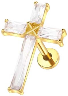 Titan Labret mit Innengewinde,  Kristall Kreuz  aus Gold 4 mit weissen Zirkonia, Piercing Stecker 1,2 x 8mm