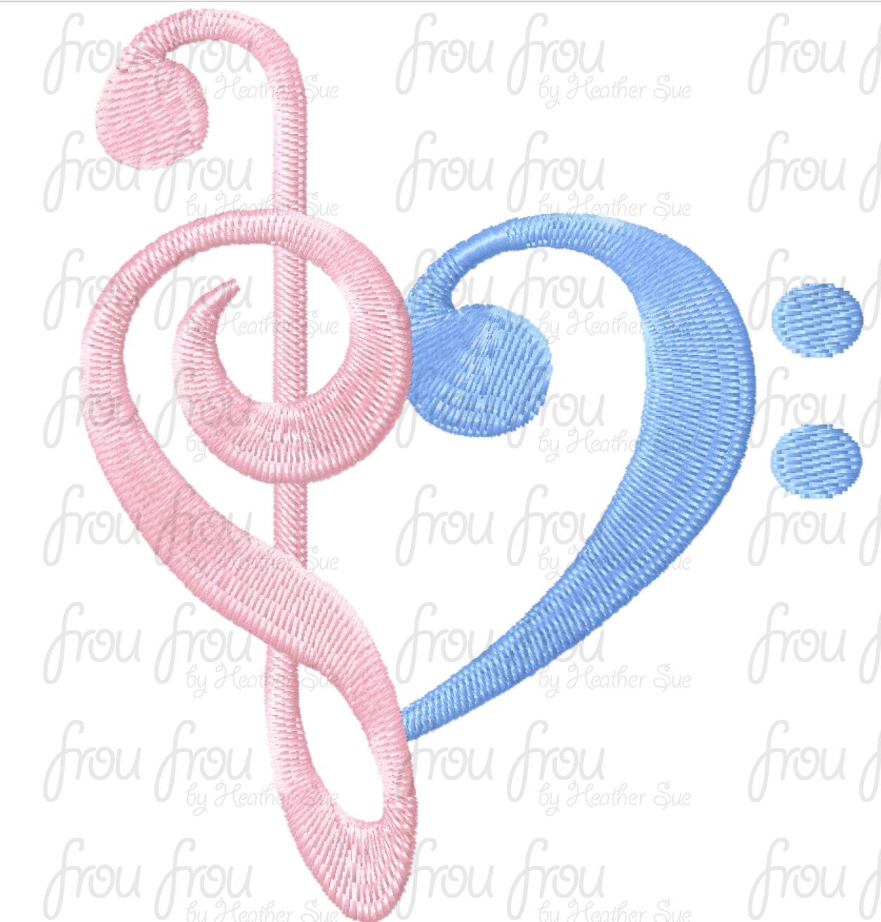 Heart Musical notes two colors Machine Embroidery Design, multiple sizes, including 1"-16" applique and filled