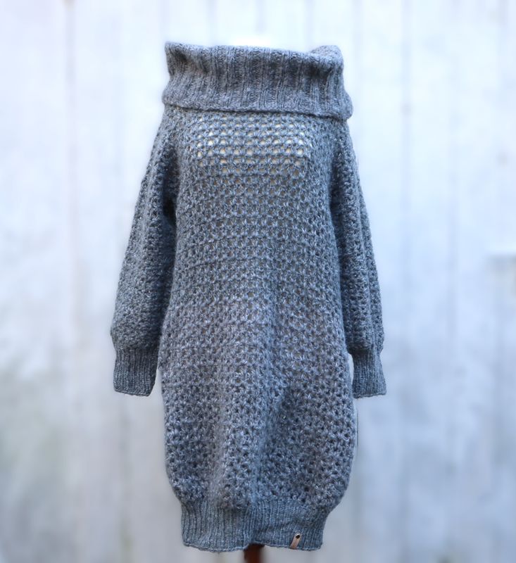 Minikleid Long Pullover gehäkelt Tunika grau silber