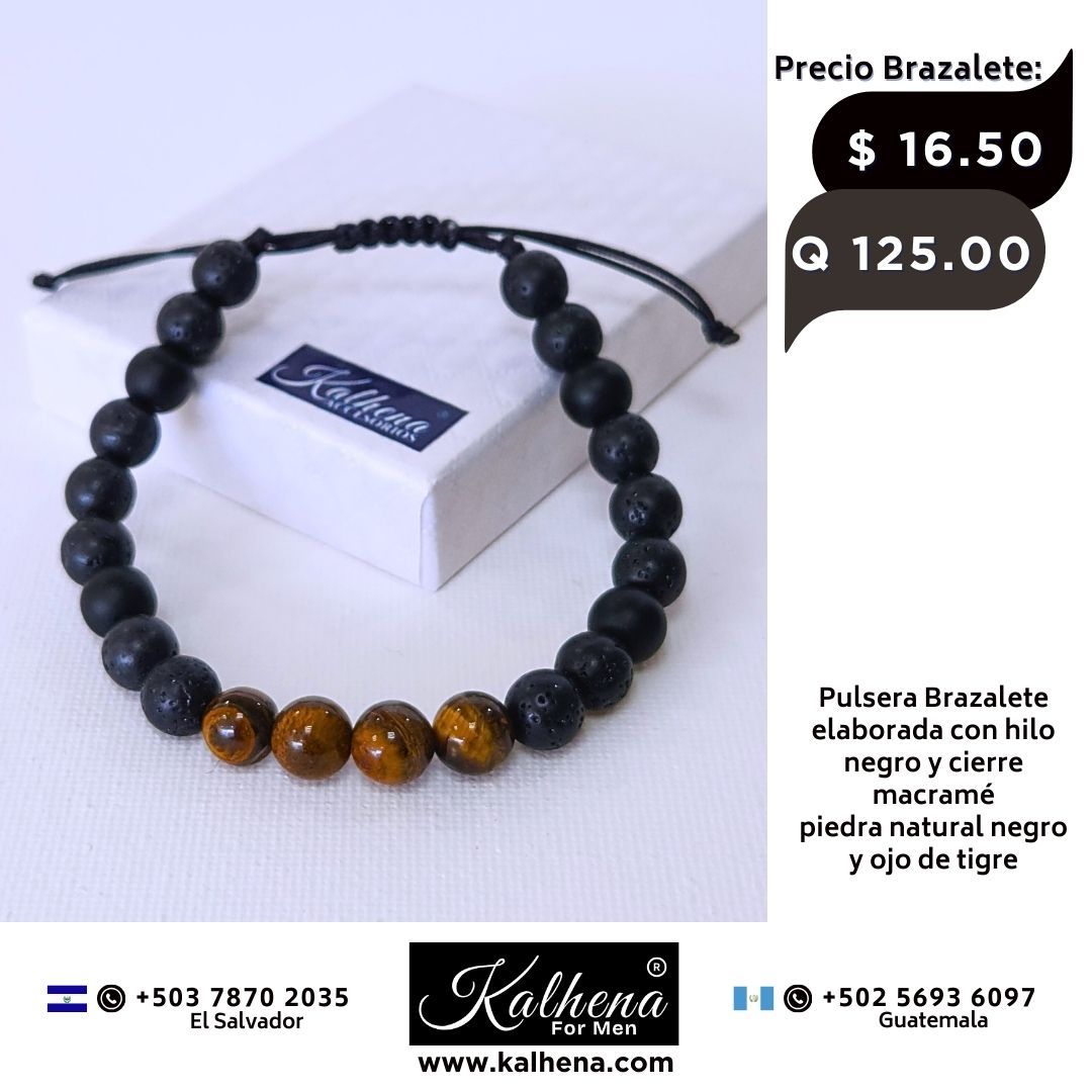 Pulsera Brazalete piedra volcánica y ojo de tigre