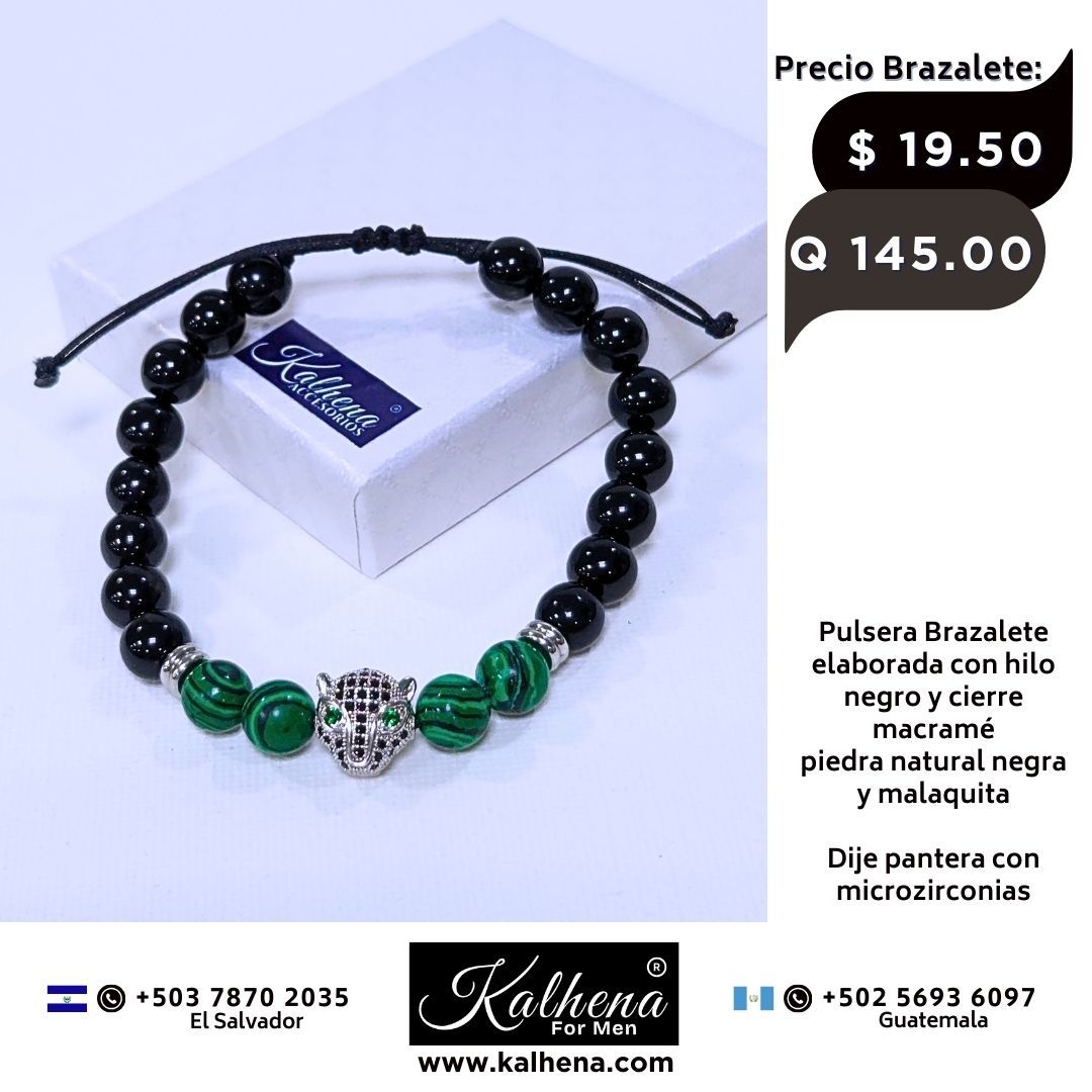 Pulsera Brazalete piedra natural onix y malaquita dije pantera