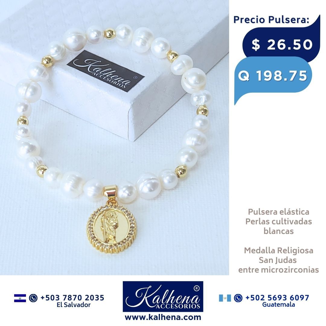 Pulsera perlas cultivadas blancas Medalla San Judas