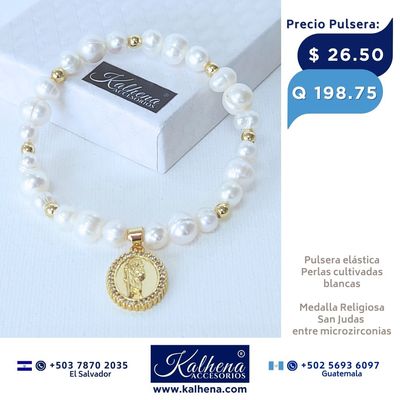 Pulsera perlas cultivadas blancas Medalla San Judas