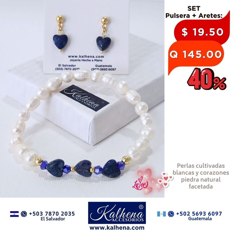 SET Pulsera y Aretes corazones en piedra facetada con perlas cultivadas SET Pulsera y Aretes corazones en piedra facetada con perlas cultivadas