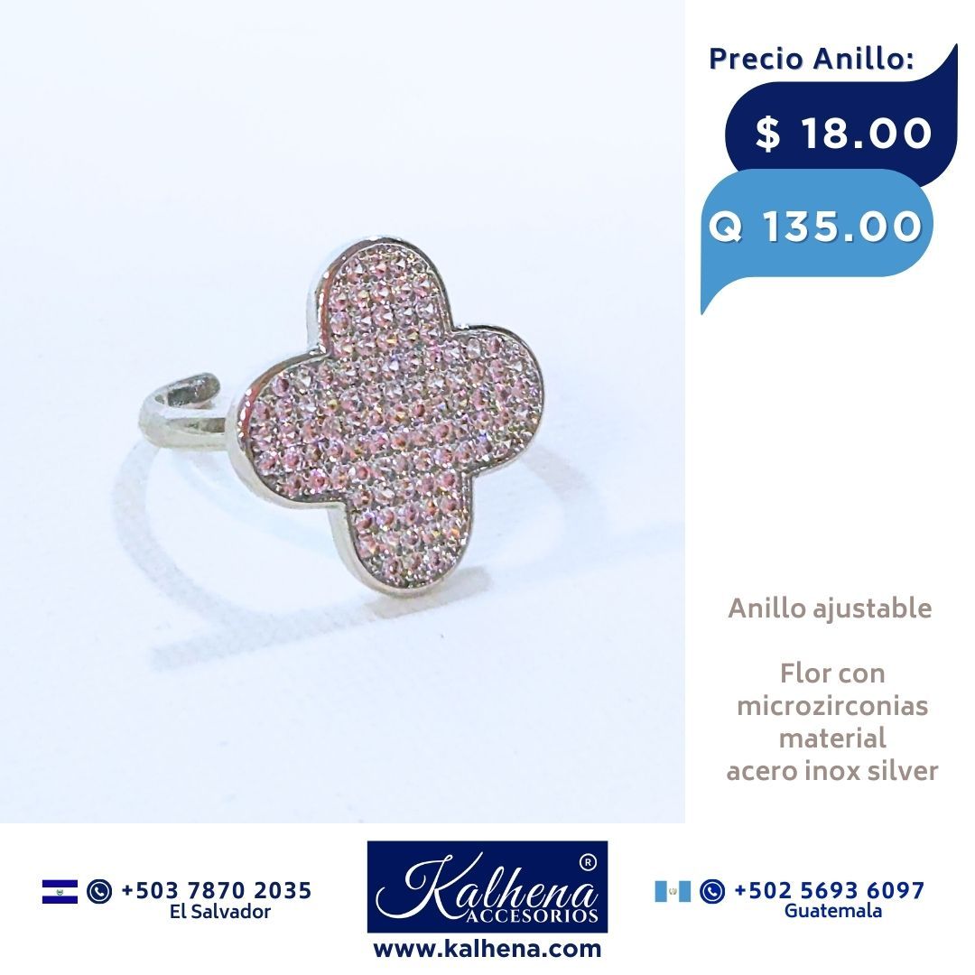 Anillo ajustable figura Flor en acero inox silver con microzirconias