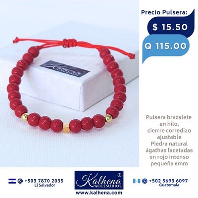 Pulsera brazalete hilo, piedra natural ágathas facetadas rojo intenso detalles oro laminado
