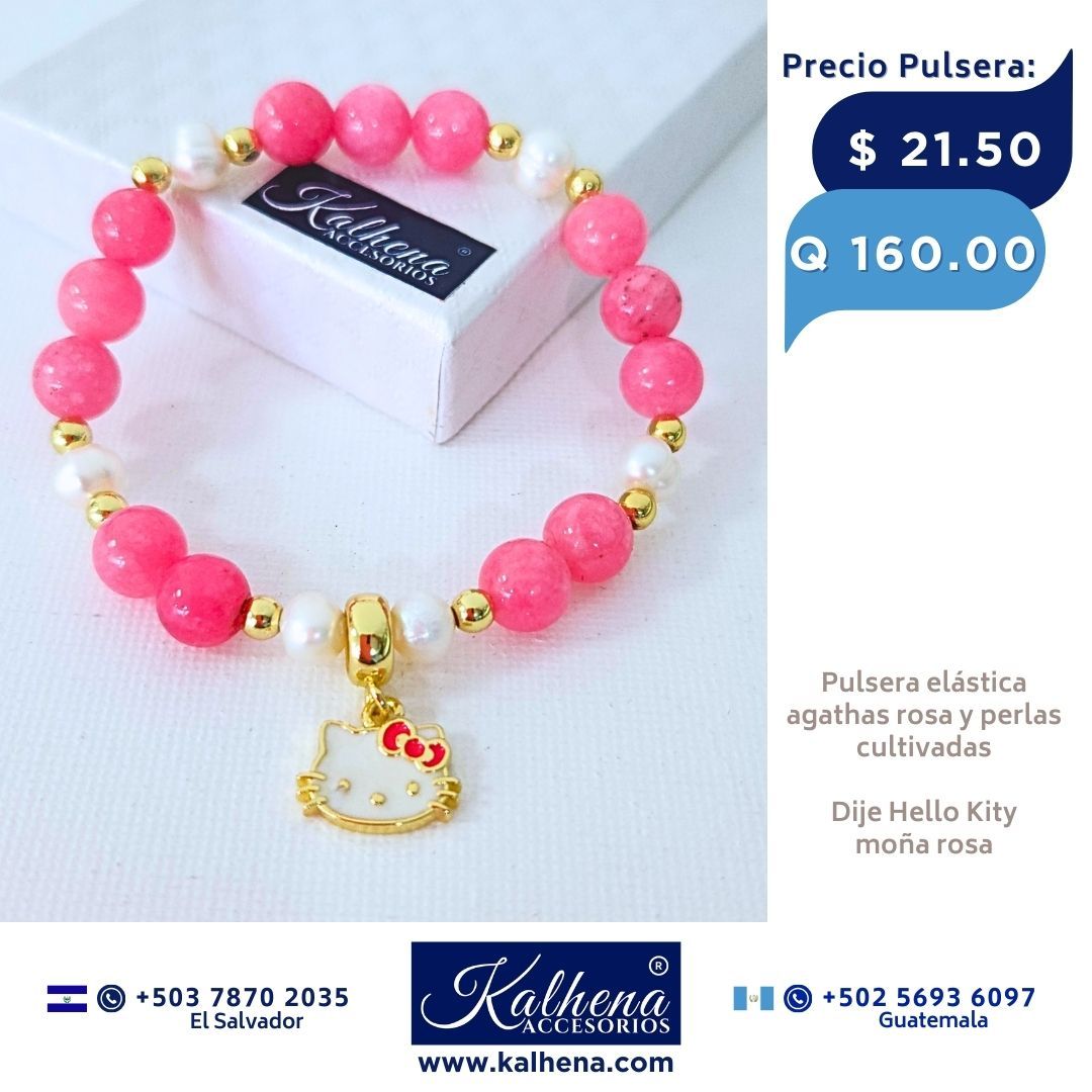 Pulsera Agathas Rosa entre perlas dije Hello Kitty