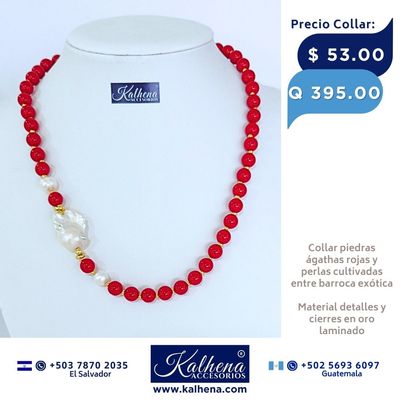 Collar ágathas rojas entre balines dorados y perlas cultivadas con barroca exótica
